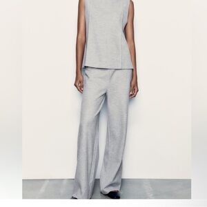 Zara Pants Womens Small Grey Wide Leg Knit Ribbed Elastic Waist Pull On Lounge